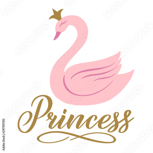 Crown Swan Baby Girl Clipart. Calligraphy Princess Sign. Royal Swan Cute Design. Vector Flat Illustration.