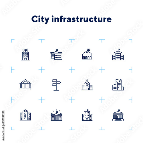 City infrastructure line icon set. School, government, courthouse, hospital, road sign. Urban life concept. Can be used for topics like town, big city, architecture