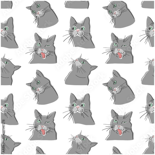 Funny gray cats seamless animal pattern. Flat vector pet lover design.