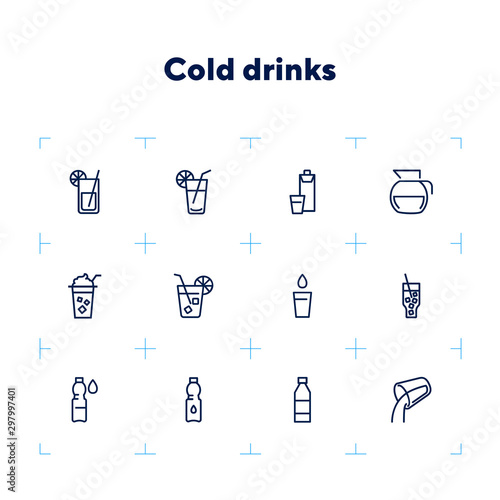 Cold drinks line icon set. Lemonade, cocktail, bottle, straw. Drink concept. Can be used for topics like summer, bar menu, cafe
