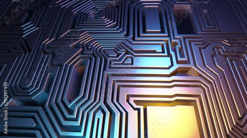 3D Rendered looping abstract background animation.  Flying over panel of microchips. Labyrinth. Yellow and blue graded colors