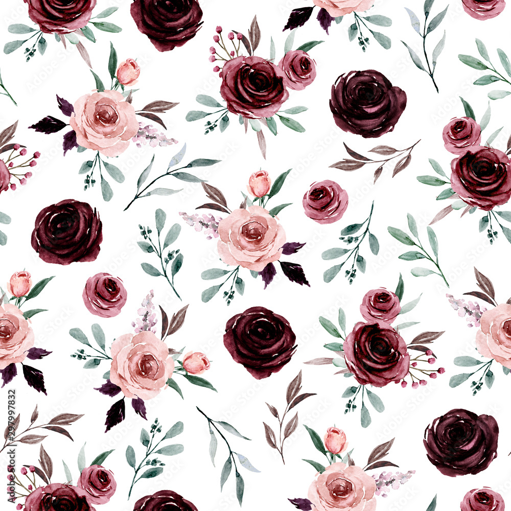 Seamless background, floral pattern with watercolor flowers pink and burgundy roses. Repeat fabric wallpaper print texture. Perfectly for wrapped paper, backdrop. - obrazy, fototapety, plakaty 