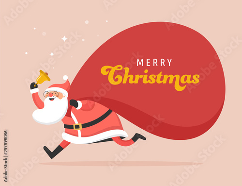 Santa Claus with a huge bag of gifts. Delivery christmas gifts concept. Merry Christmas banner and card vector design