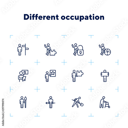 Different occupation line icon set. Direction sign, puzzle, lock, clock. Activity concept. Can be used for topics like management, career, project