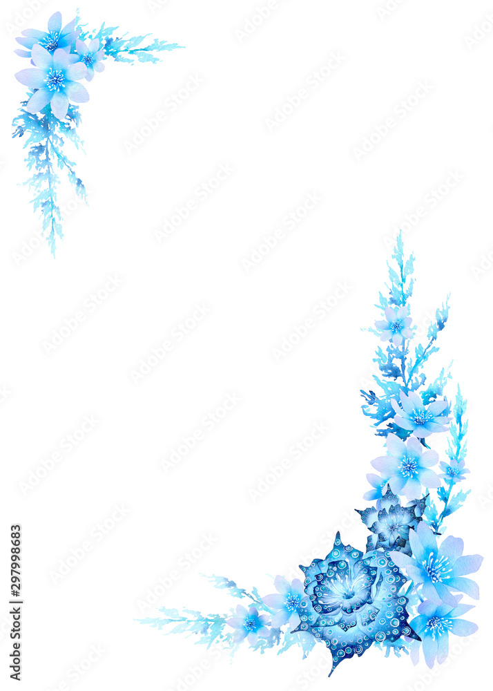 Fantasy winter square frame of blue abstract stylized flowers, leaves, herbs and branches hand drawn in watercolor isolated on a white background. Winter illustration. Fantasy floral frame