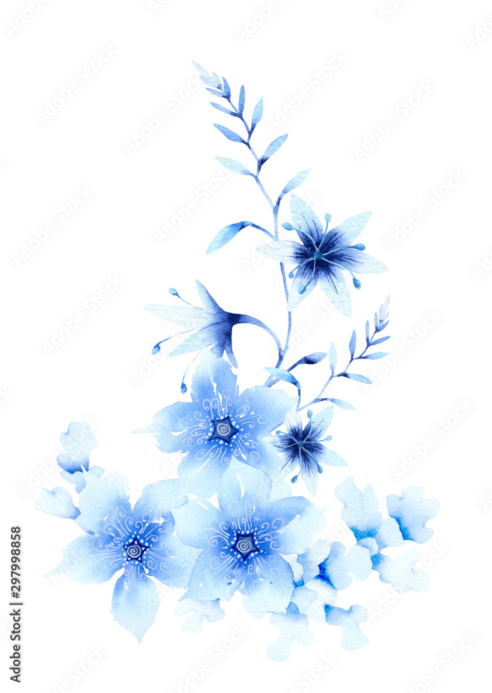 Fantasy winter composition of blue abstract stylized flowers, leaves and inflorescences hand drawn in watercolor isolated on a white background. Winter watercolor illustration. Fantasy winter flowers.