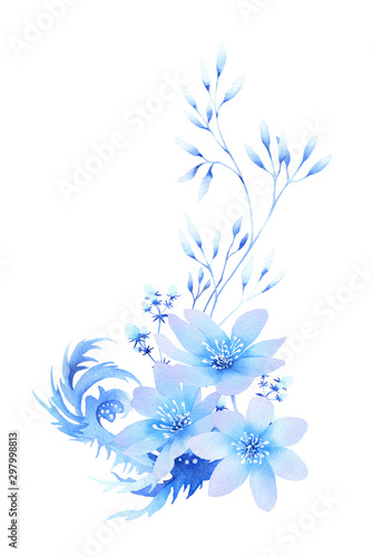 Fantasy winter composition of blue abstract stylized flowers and branches hand drawn in watercolor isolated on a white background. Winter watercolor illustration. Fantasy winter flowers. Winter design