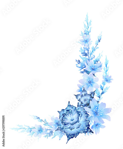 Fototapeta Naklejka Na Ścianę i Meble -  Fantasy winter composition of blue abstract stylized flowers and branches hand drawn in watercolor isolated on a white background. Winter watercolor illustration. Fantasy winter flowers. Winter design