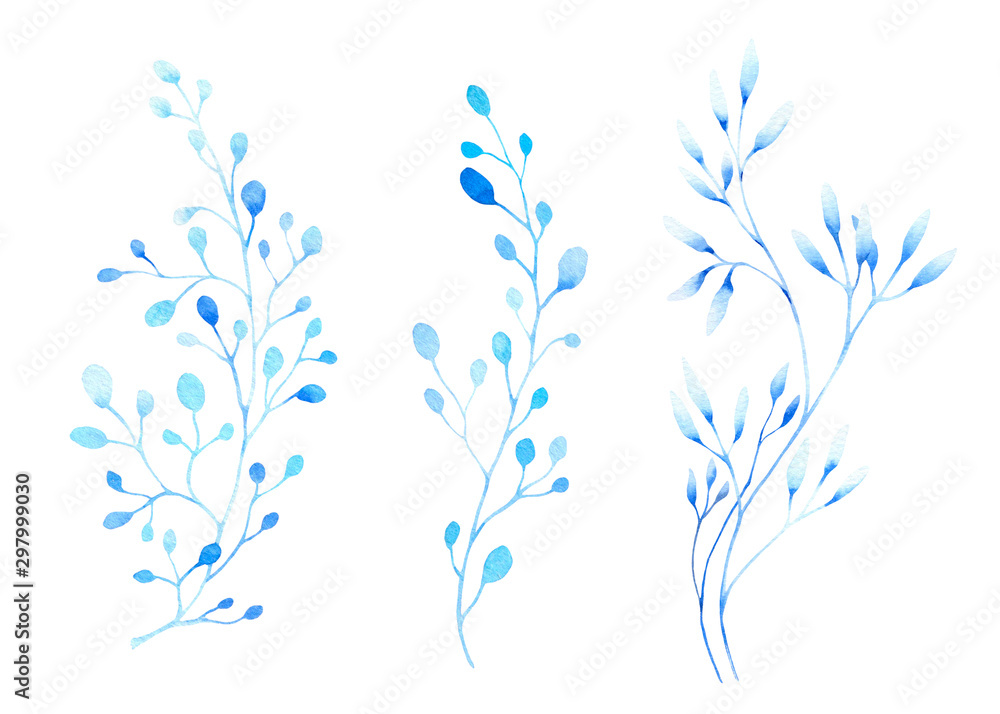 Set of stylized blue branches, herbs hand drawn in watercolor isolated on a white background. Winter watercolor illustration. Fantasy winter plants. Winter design. Abstract plants