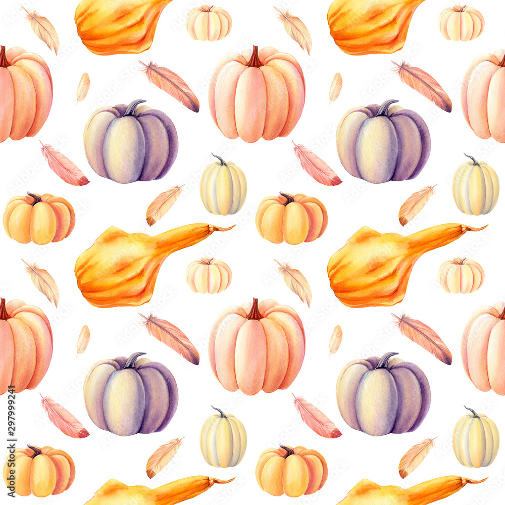 seamless pattern, pumpkins, feathers on an isolated white background, watercolor painting, hand drawing wallpaper seamless pattern, pumpkins, feathers on an isolated white background, watercolor painting, hand drawing wallpaper
