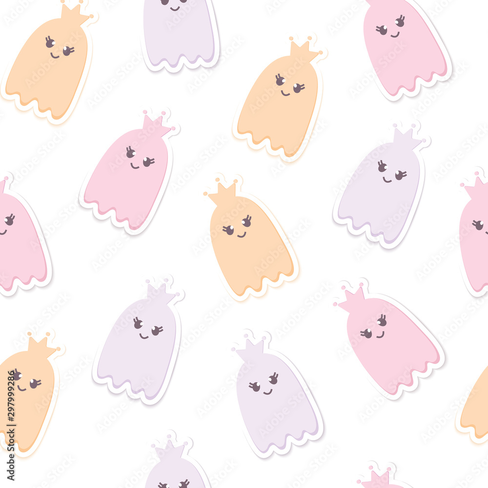 Obraz premium Cute Halloween Seamless Pattern of Flying Little Ghosts with a Crown. Nursery room wallpaper, kids background. Pastel colors smiling Cartoon character isolated on white.