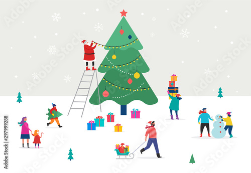 Merry Christmas, winter scene with a big Xmas tree and small people, young men and women, families having fun in snow