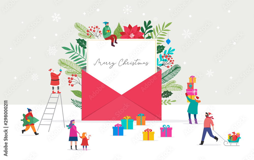 Christmas letter coming out of envelope. Blank white paper for writing Xmas message. Vector illustration