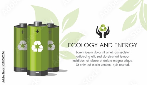 Green batteries Battery with recycle symbol - renewable energy concept on white. 