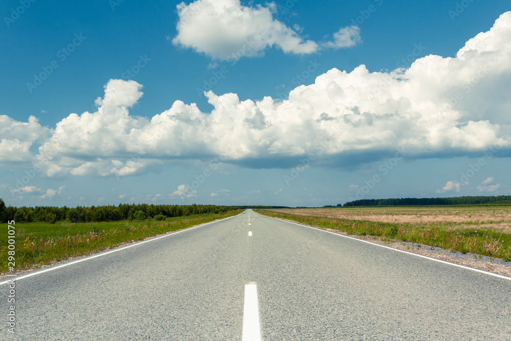 An empty country road through the green fields on a sunny summer day. Forest in the background. Blue sky with white storm clouds. Russia. Horizon in the middle of the frame An empty country road through the green fields on a sunny summer day. Forest in the background. Blue sky with white storm clouds. Russia. Horizon in the middle of the frame