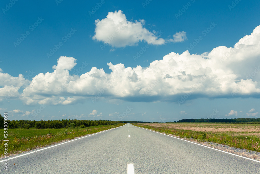 An empty country road through the green fields on a sunny summer day. Forest in the background. Blue sky with white storm clouds. Russia. Horizon at the bottom of the frame