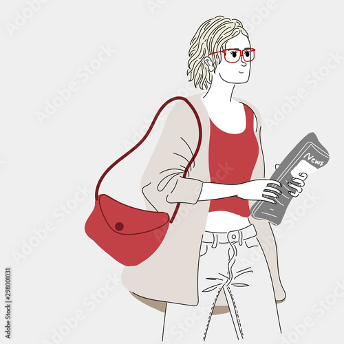 Women carrying newspapers and luggage in the outdoor courtyard.Doodle art concept,illustration painting