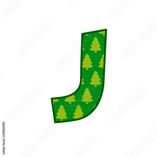 Logotipo letra J con patrón de árboles de navidad en color verde