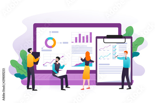 Modern flat concept of data analysis, Seo analysis, big data research and website analytics with business people illustration