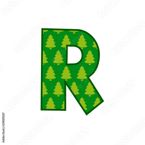 Logotipo letra R con patrón de árboles de navidad en color verde