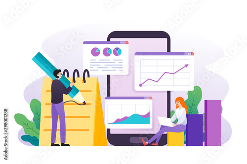 Data analysis, Seo analysis, big data research, website analytics concept for website and mobile website with business people, graphs and charts illustration
