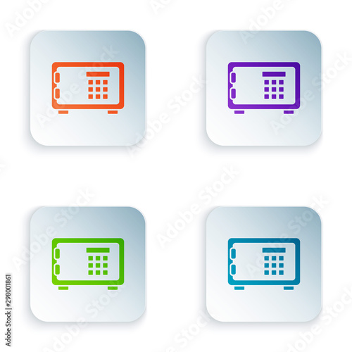 Color Safe icon isolated on white background. The door safe a bank vault with a combination lock. Reliable Data Protection. Set icons in colorful square buttons. Vector Illustration