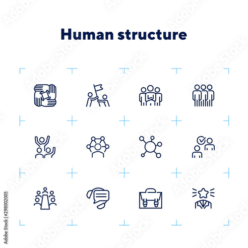 Human structure. Set of line icons on white background. Atom, union, idea. Social concept. Vector illustration can be used for topics like science, business, career