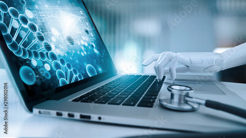 Medical robot hand touching laptop and analysis data human DNA. AI. artificial intelligence, innovation and futuristic, medical future technology concept