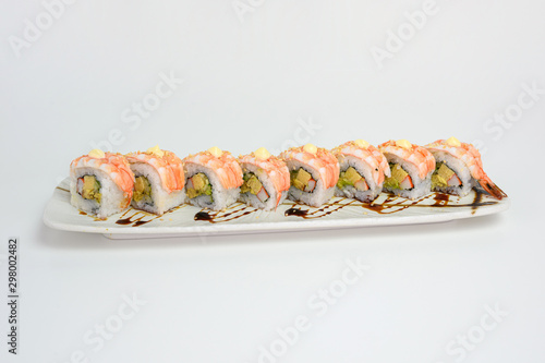 Shrimp or Ebi Japanese sushi roll with kani, tamago and teriyaki sauce