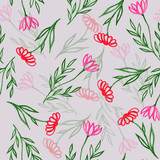 Pattern seamless with colored cartoon flowers on gray background, for material, postcards, invitations, greeting cards, clothes, paper, holiday, wallpaper, textile. Drawn by pencils