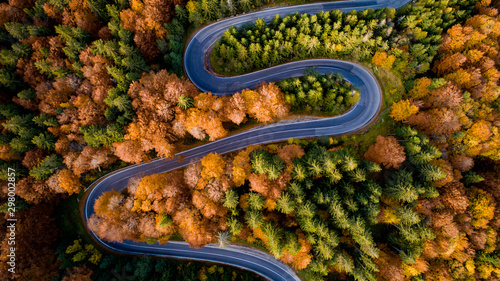 Aerial view of forest road in beautiful autumn .at sunset. Serpentine asphalt road details with colourful landscape with heavy traffic and yellow trees © aboutmomentsimages