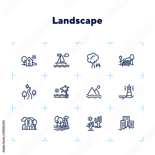 Landscape line icon set. Park, beach, street. Stroll concept. Can be used for topics like vacation, city, nature
