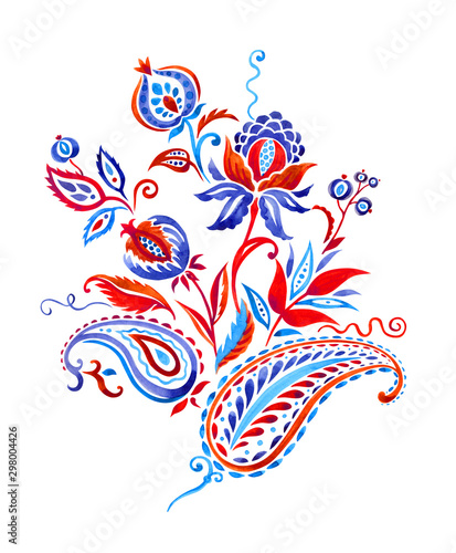 Bouquet in paisley style, decorative composition for design, watercolor painting on isolated white background.