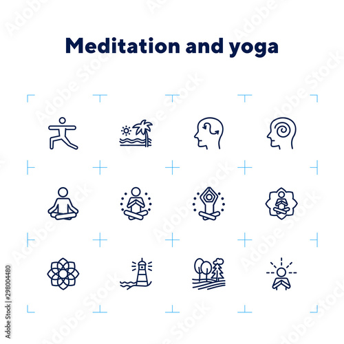 Meditation and yoga line icon set. Health, wellness, leisure. Buddhism concept. Can be used for topics like spirituality, peace, relaxation