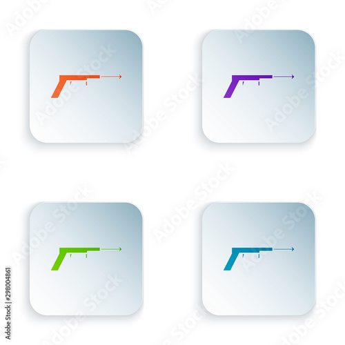 Color Fishing harpoon icon isolated on white background. Fishery manufacturers for catching fish under water. Diving underwater equipment. Set icons in colorful square buttons. Vector Illustration