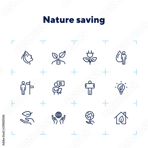 Nature saving line icon set. Set of line icons on white background. Ecology concept. Leaf, person, battery, energy. Vector illustration can be used for topics like environment, ecology