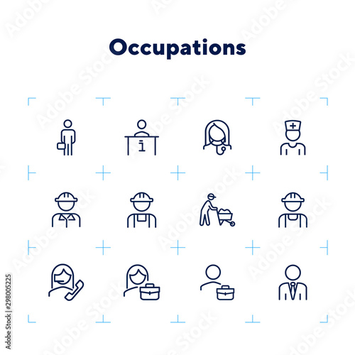 Occupations line icon set. Set of line icons on white background. Businessman, construction worker, doctor. Working concept. Vector illustration can be used for topics like career, professional growth