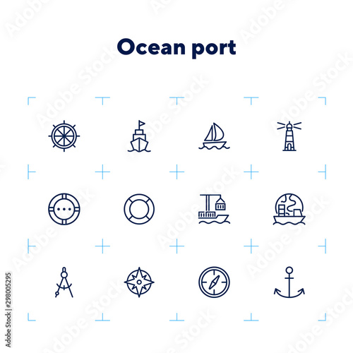 Ocean port line icon set. Boat, ship, lighthouse, compass. Marine concept. Can be used for topics like nautical navigation, sailing, ship