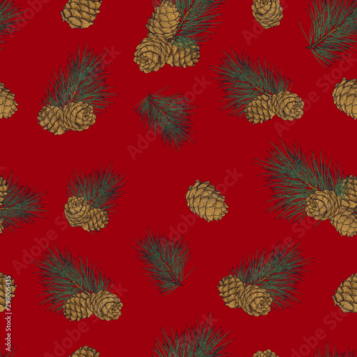 Cedar branch with cones seamless pattern. Illustration in engraving technique. Isolated on red background. © Sergj