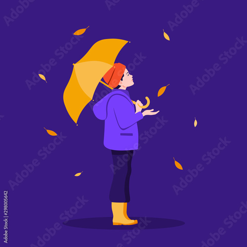 A little boy under the umbrella in a profile and a leaf fall. Children and autumn. Vector flat illustration