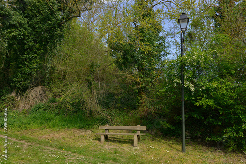 Le banc de bois et le lampadaire en forêt à Condécourt (95450), département Val-d'Oise en région Île-de-France, France