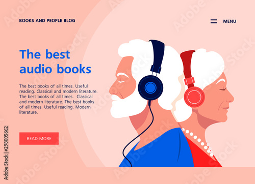 Old people listen to music on headphones. Music therapy. Grandparents profiles. Landing page and website template. Vector flat illustration.