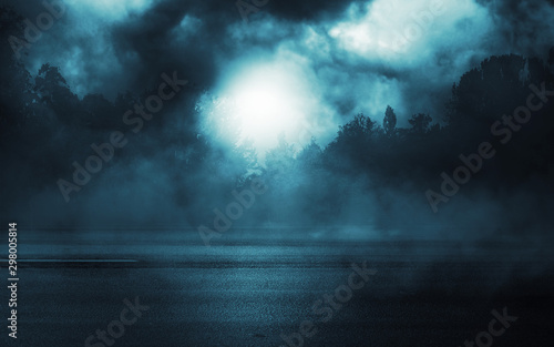 Empty dark background. Moonlight through the trees in the forest. Night view. Moonlight reflection on the pavement. Smoke, fog