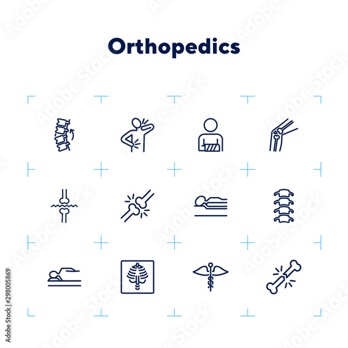 Orthopedics line icon set. Broken bones, spine, joint, mattress. Health concept. Can be used for topics like medicine, medical help, health care