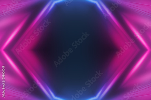 Dark abstract futuristic background. Neon lines glow. Neon lines, shapes. Multi-colored glow, blurry lights, bokeh. Empty stage background