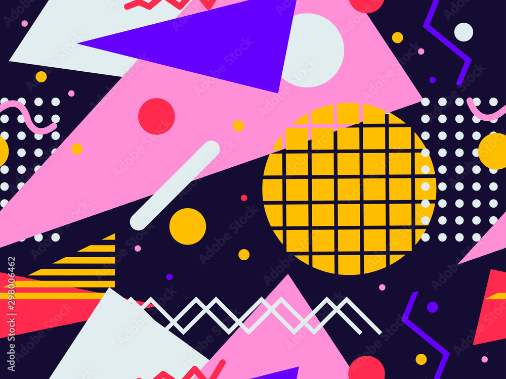 Obraz premium Memphis seamless pattern. Chaotic geometric shapes in the style of 80s. For promotional products, wrapping paper and printing. Vector illustration
