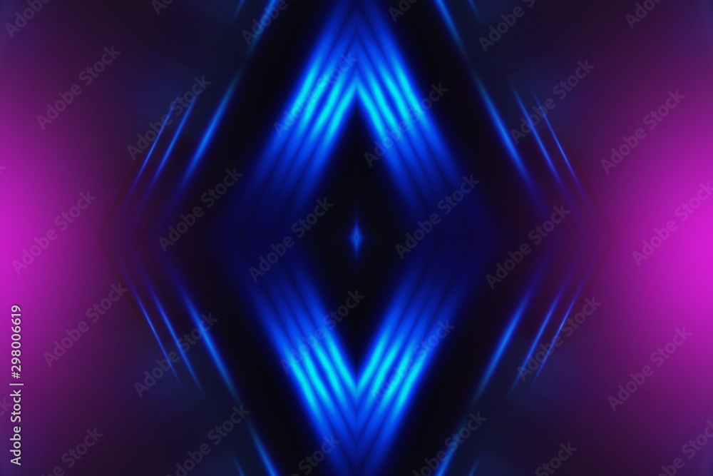 Dark abstract futuristic background. Neon lines glow. Neon lines, shapes. Multi-colored glow, blurry lights, bokeh. Empty stage background - obrazy, fototapety, plakaty 