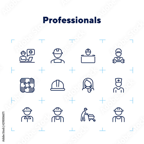 Professionals line icon set. Set off line icons on white background. Doctor, engineer, builder. Job concept. Vector illustration can be used for topics like career, sociality, business