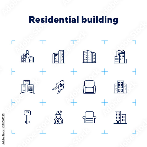 Residential building icons. Set of line icons. Key, residential district, cityscape. Housing development. Vector illustration can be used for topics like mortgage, rent, construction