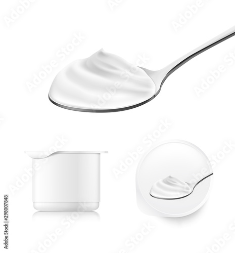 Metal spoon with creamy foam and yogurt packaging mockup. Vector illustration isolated on white background. Ready for use in your design. EPS10.